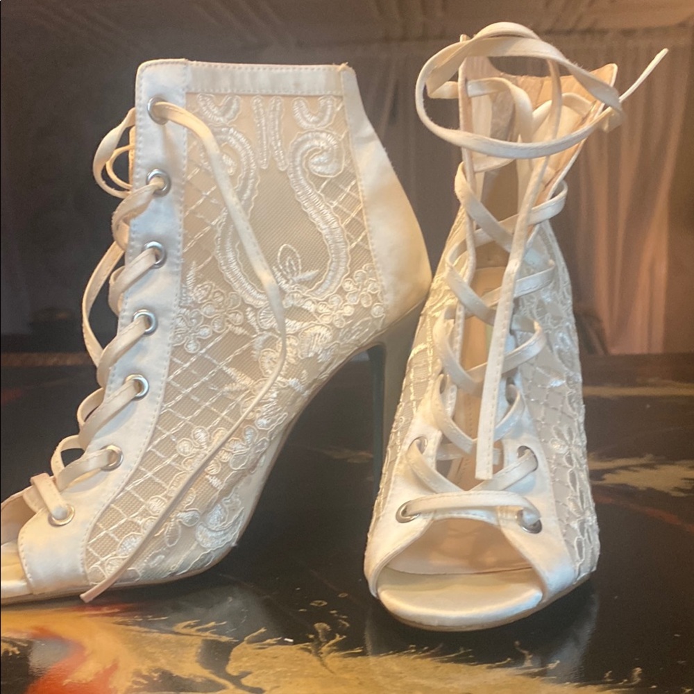 Betsey Johnson White Lace Peep-Toe Lace-Up Heels